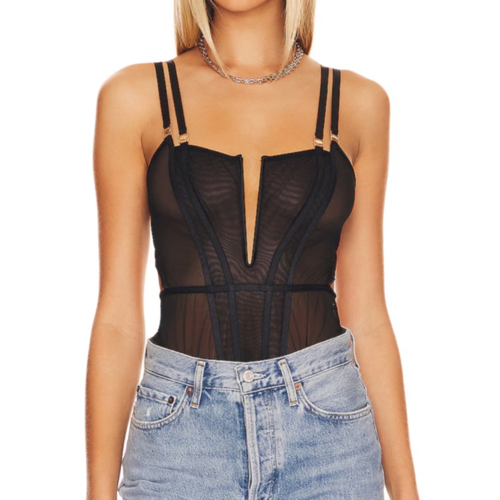 REVOLVE Black Sheer Mesh Plunge Bodysuit